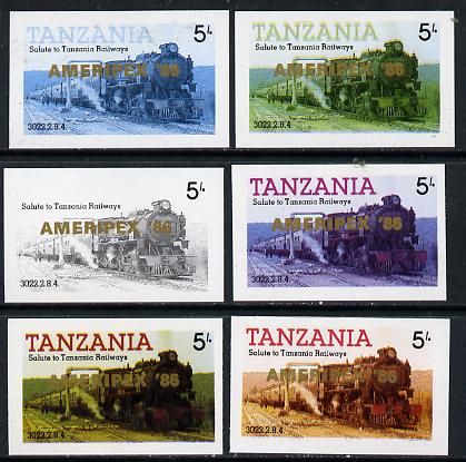 Tanzania 1986 Locomotive 3022 5s value (SG 430) unmounted mint imperf set of 6 progressive colour proofs each with Ameripex 86 opt in gold*, stamps on postal, stamps on railways, stamps on stamp exhibitions