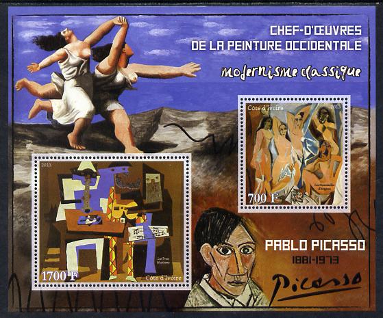 Ivory Coast 2013 Art Masterpieces from the Western World - Modernism - Pablo Picasso perf sheetlet containing 2 values unmounted mint, stamps on , stamps on  stamps on arts, stamps on  stamps on modernism, stamps on  stamps on picasso