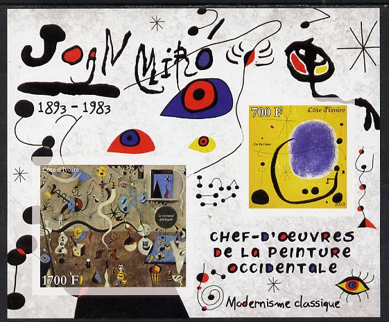 Ivory Coast 2013 Art Masterpieces from the Western World - Modernism - Joan Miro imperf sheetlet containing 2 values unmounted mint, stamps on , stamps on  stamps on arts, stamps on  stamps on modernism, stamps on  stamps on miro