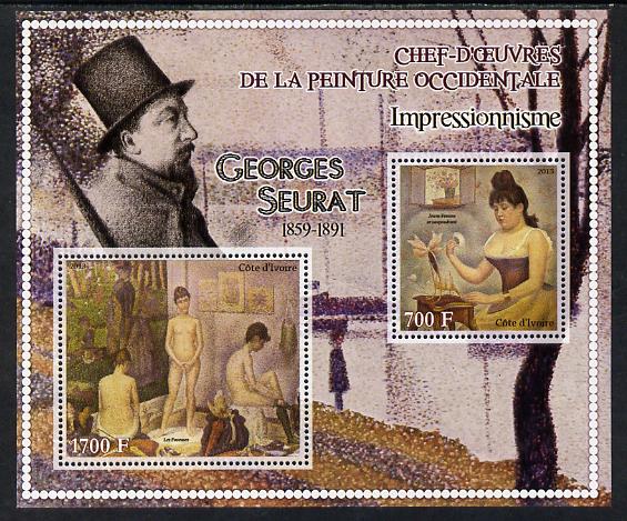 Ivory Coast 2013 Art Masterpieces from the Western World - Impressionism - Georges Seurat perf sheetlet containing 2 values unmounted mint, stamps on , stamps on  stamps on arts, stamps on  stamps on impressionism, stamps on  stamps on seurat, stamps on  stamps on nudes