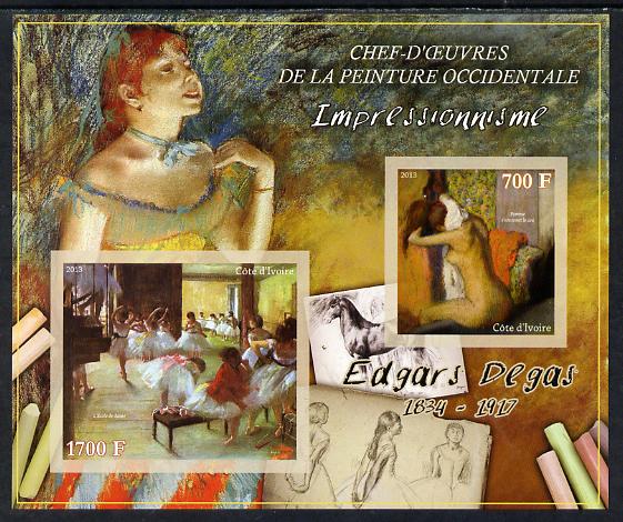 Ivory Coast 2013 Art Masterpieces from the Western World - Impressionism - Edgar Degas imperf sheetlet containing 2 values unmounted mint, stamps on arts, stamps on impressionism, stamps on degas, stamps on nudes, stamps on dancing, stamps on dancers