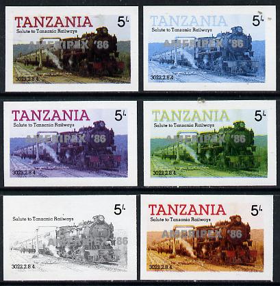 Tanzania 1986 Locomotive 3022 5s value (SG 430) unmounted mint imperf set of 6 progressive colour proofs each with 'Ameripex '86' opt in silver*, stamps on , stamps on  stamps on postal, stamps on  stamps on railways, stamps on  stamps on stamp exhibitions