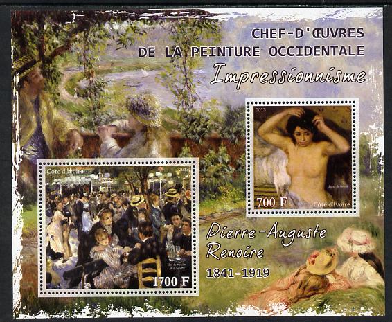 Ivory Coast 2013 Art Masterpieces from the Western World - Impressionism - Pierre Auguste Renoir perf sheetlet containing 2 values unmounted mint, stamps on , stamps on  stamps on arts, stamps on  stamps on impressionism, stamps on  stamps on renoir, stamps on  stamps on nudes, stamps on  stamps on 