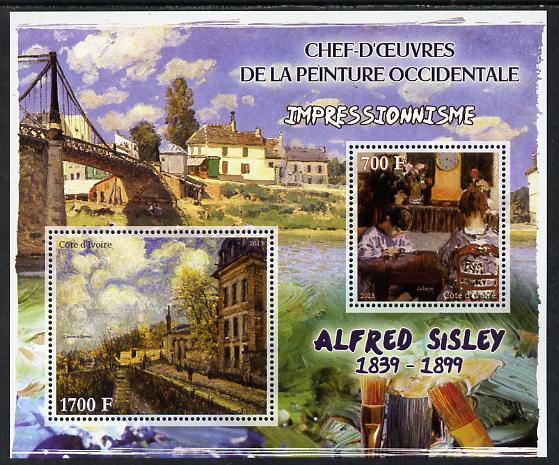 Ivory Coast 2013 Art Masterpieces from the Western World - Impressionism - Alfred Sisley perf sheetlet containing 2 values unmounted mint, stamps on , stamps on  stamps on arts, stamps on  stamps on impressionism, stamps on  stamps on sisley, stamps on  stamps on bridges