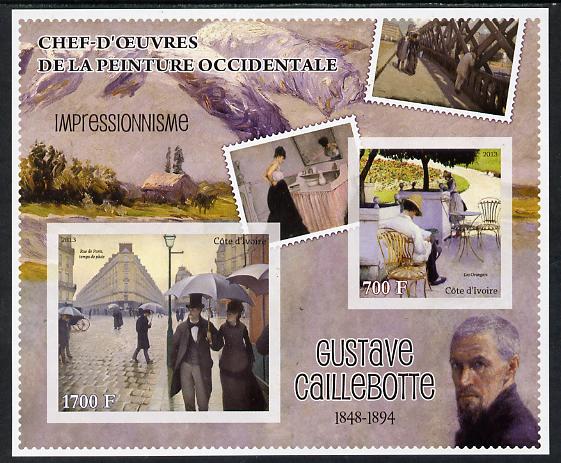 Ivory Coast 2013 Art Masterpieces from the Western World - Impressionism - Gustave Caillebotte imperf sheetlet containing 2 values unmounted mint, stamps on , stamps on  stamps on arts, stamps on  stamps on impressionism, stamps on  stamps on caillebotte, stamps on  stamps on umbrellas