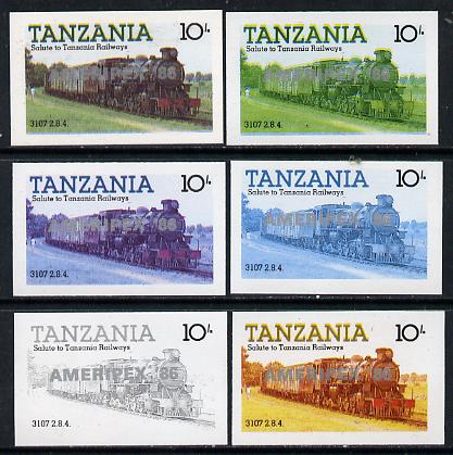 Tanzania 1986 Locomotive 3107 10s value (SG 431) unmounted mint imperf set of 6 progressive colour proofs each with 'Ameripex '86' opt in silver*, stamps on postal, stamps on railways, stamps on stamp exhibitions