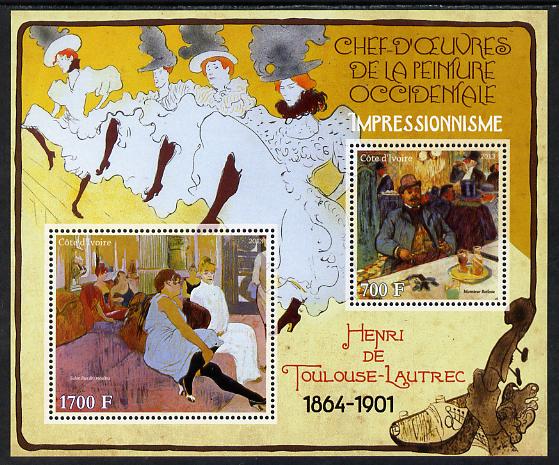 Ivory Coast 2013 Art Masterpieces from the Western World - Impressionism - Henri Toulouse-Lautrec perf sheetlet containing 2 values unmounted mint, stamps on arts, stamps on impressionism, stamps on toulouse-lautrec, stamps on dancing, stamps on dancers