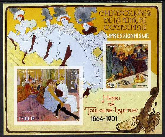 Ivory Coast 2013 Art Masterpieces from the Western World - Impressionism - Henri Toulouse-Lautrec imperf sheetlet containing 2 values unmounted mint, stamps on arts, stamps on impressionism, stamps on toulouse-lautrec, stamps on dancing, stamps on dancers