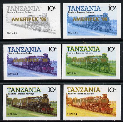 Tanzania 1986 Locomotive 3107 10s value (SG 431) unmounted mint imperf set of 6 progressive colour proofs each with 'Ameripex '86' opt in gold*, stamps on postal, stamps on railways, stamps on stamp exhibitions