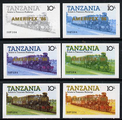 Tanzania 1986 Locomotive 3107 10s value (SG 431) unmounted mint imperf set of 6 progressive colour proofs each with 'Ameripex '86' opt in gold*, stamps on postal, stamps on railways, stamps on stamp exhibitions
