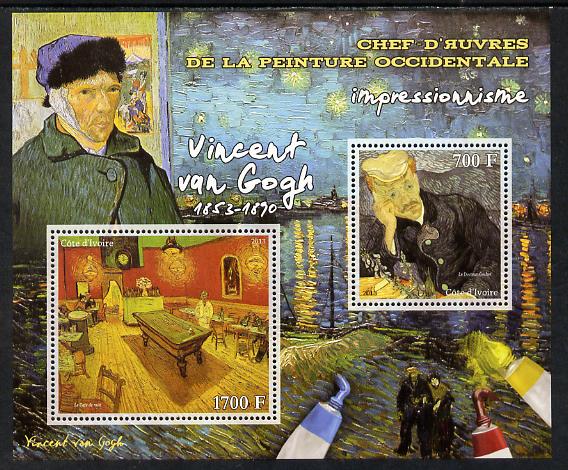 Ivory Coast 2013 Art Masterpieces from the Western World - Impressionism - Vincent Van Gogh perf sheetlet containing 2 values unmounted mint, stamps on arts, stamps on impressionism, stamps on van gogh