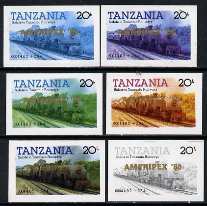 Tanzania 1986 Locomotive 6004 20s value (SG 432) unmounted mint imperf set of 6 progressive colour proofs each with 'Ameripex '86' opt in gold*, stamps on , stamps on  stamps on postal, stamps on  stamps on railways, stamps on  stamps on stamp exhibitions