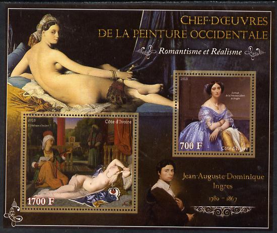 Ivory Coast 2013 Art Masterpieces from the Western World - Romanticism & Realism - Jean-Auguste Ingres perf sheetlet containing 2 values unmounted mint, stamps on arts, stamps on romanticism, stamps on realism, stamps on ingres, stamps on nudes