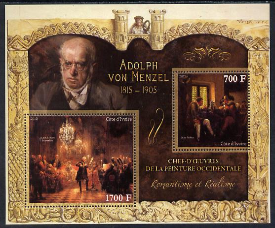 Ivory Coast 2013 Art Masterpieces from the Western World - Romanticism & Realism - Adolph Von Menzel perf sheetlet containing 2 values unmounted mint, stamps on , stamps on  stamps on arts, stamps on  stamps on romanticism, stamps on  stamps on realism, stamps on  stamps on menzel