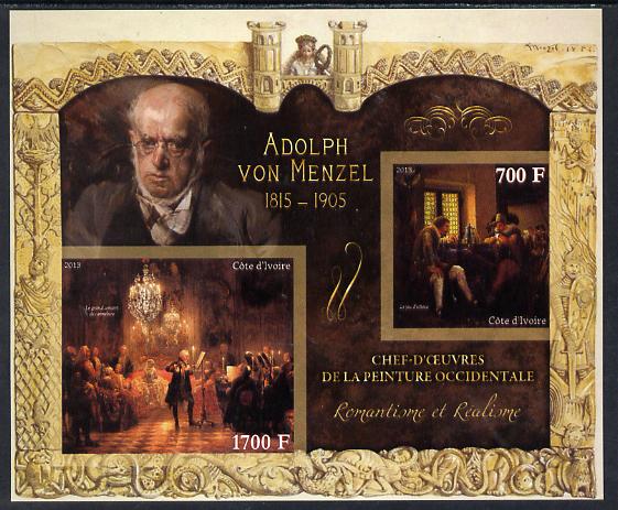 Ivory Coast 2013 Art Masterpieces from the Western World - Romanticism & Realism - Adolph Von Menzel imperf sheetlet containing 2 values unmounted mint, stamps on , stamps on  stamps on arts, stamps on  stamps on romanticism, stamps on  stamps on realism, stamps on  stamps on menzel