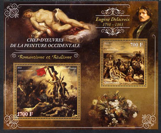 Ivory Coast 2013 Art Masterpieces from the Western World - Romanticism & Realism - Eugene Delacroix perf sheetlet containing 2 values unmounted mint, stamps on , stamps on  stamps on arts, stamps on  stamps on romanticism, stamps on  stamps on realism, stamps on  stamps on delacroix, stamps on  stamps on battles