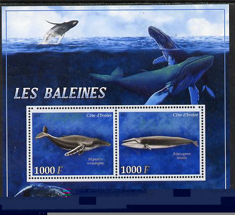 Ivory Coast 2013 Whales perf sheetlet containing 2 values unmounted mint, stamps on , stamps on  stamps on whales, stamps on  stamps on dolphins, stamps on  stamps on marine life