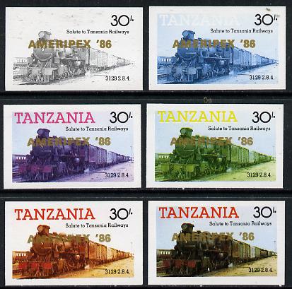 Tanzania 1986 Locomotive 3129 30s value (SG 433) unmounted mint imperf set of 6 progressive colour proofs each with 'Ameripex '86' opt in gold*, stamps on , stamps on  stamps on postal, stamps on  stamps on railways, stamps on  stamps on stamp exhibitions