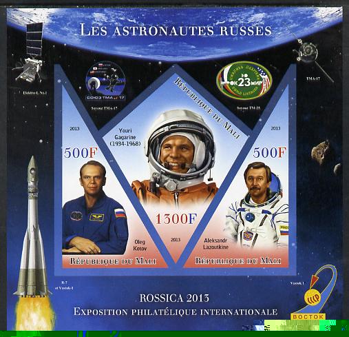 Mali 2013 Rossica Stamp Exhibition - Russian Astronauts #03 imperf sheetlet containing 3 values (2 triangulars & one diamond shaped) unmounted mint, stamps on stamp exhibitions, stamps on space, stamps on shaped, stamps on triangulars, stamps on diamond, stamps on 