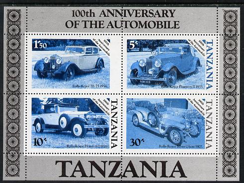 Tanzania 1986 Centenary of Motoring m/sheet unmounted mint perf colour proof in blue & black only (SG MS 460), stamps on , stamps on  stamps on cars     rolls-royce