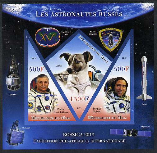 Mali 2013 Rossica Stamp Exhibition - Russian Astronauts #06 imperf sheetlet containing 3 values (2 triangulars & one diamond shaped) unmounted mint, stamps on stamp exhibitions, stamps on space, stamps on shaped, stamps on triangulars, stamps on diamond, stamps on dogs