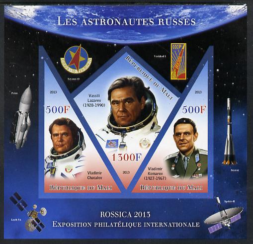 Mali 2013 Rossica Stamp Exhibition - Russian Astronauts #08 imperf sheetlet containing 3 values (2 triangulars & one diamond shaped) unmounted mint, stamps on stamp exhibitions, stamps on space, stamps on shaped, stamps on triangulars, stamps on diamond, stamps on 