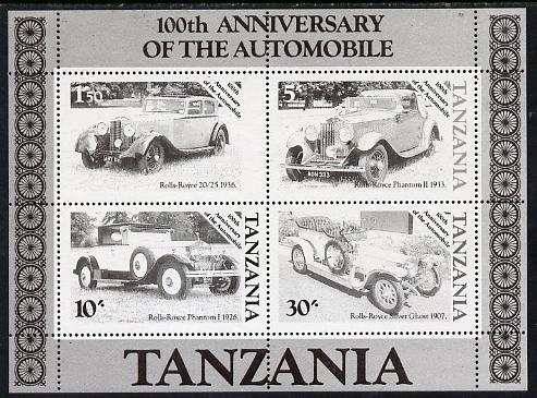 Tanzania 1986 Centenary of Motoring m/sheet unmounted mint perf colour proof in black only (SG MS 460), stamps on , stamps on  stamps on cars     rolls-royce