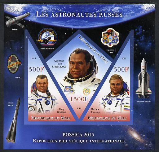 Mali 2013 Rossica Stamp Exhibition - Russian Astronauts #12 imperf sheetlet containing 3 values (2 triangulars & one diamond shaped) unmounted mint, stamps on stamp exhibitions, stamps on space, stamps on shaped, stamps on triangulars, stamps on diamond, stamps on 
