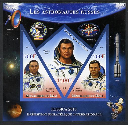 Mali 2013 Rossica Stamp Exhibition - Russian Astronauts #18 imperf sheetlet containing 3 values (2 triangulars & one diamond shaped) unmounted mint, stamps on stamp exhibitions, stamps on space, stamps on shaped, stamps on triangulars, stamps on diamond, stamps on 