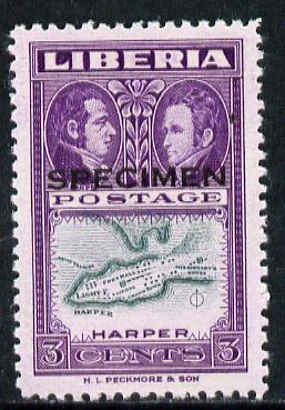 Liberia 1952 Ashmun 3c Map of Harper perf proof in issued colours opt