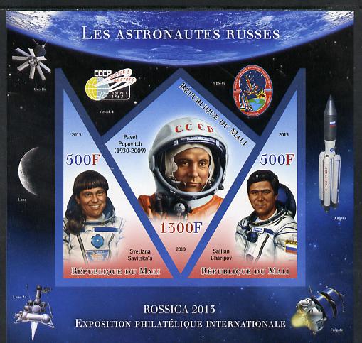 Mali 2013 Rossica Stamp Exhibition - Russian Astronauts #22 imperf sheetlet containing 3 values (2 triangulars & one diamond shaped) unmounted mint, stamps on stamp exhibitions, stamps on space, stamps on shaped, stamps on triangulars, stamps on diamond, stamps on 