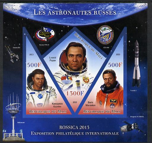 Mali 2013 Rossica Stamp Exhibition - Russian Astronauts #23 imperf sheetlet containing 3 values (2 triangulars & one diamond shaped) unmounted mint, stamps on , stamps on  stamps on stamp exhibitions, stamps on  stamps on space, stamps on  stamps on shaped, stamps on  stamps on triangulars, stamps on  stamps on diamond, stamps on  stamps on 