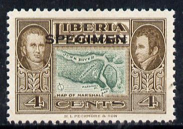 Liberia 1952 Ashmun 4c Map of Marshall perf proof in issued colours opt'd Specimen unmounted mint (as SG 718)