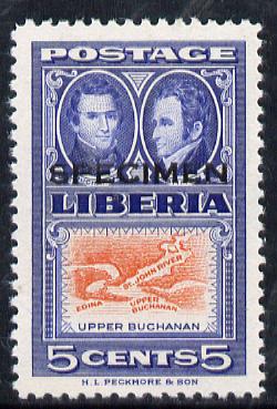 Liberia 1952 Ashmun 5c Map of Upper Buchanan perf proof in issued colours optd Specimen unmounted mint (as SG 719), stamps on maps