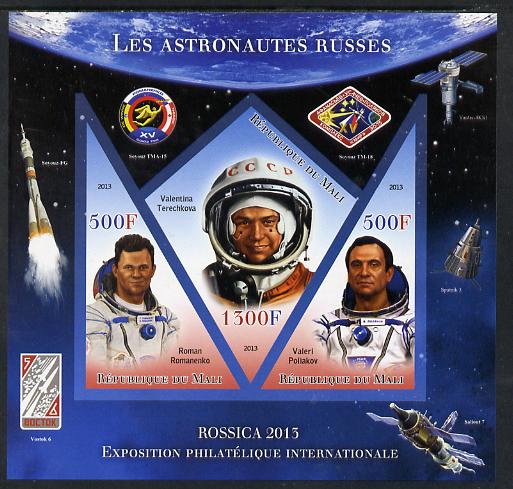 Mali 2013 Rossica Stamp Exhibition - Russian Astronauts #29 imperf sheetlet containing 3 values (2 triangulars & one diamond shaped) unmounted mint, stamps on , stamps on  stamps on stamp exhibitions, stamps on  stamps on space, stamps on  stamps on shaped, stamps on  stamps on triangulars, stamps on  stamps on diamond, stamps on  stamps on 