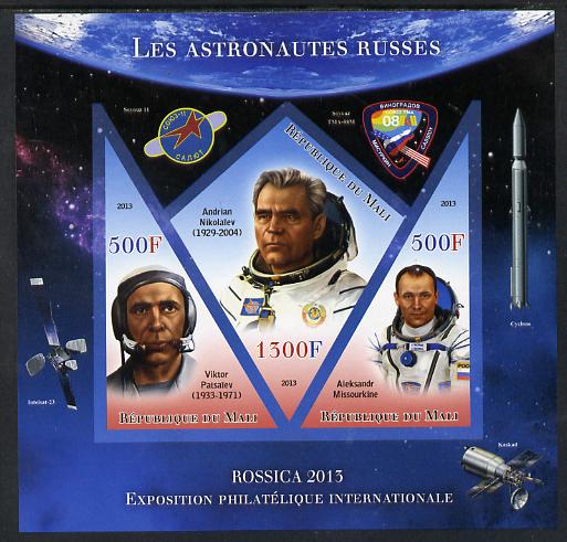 Mali 2013 Rossica Stamp Exhibition - Russian Astronauts #32 imperf sheetlet containing 3 values (2 triangulars & one diamond shaped) unmounted mint, stamps on , stamps on  stamps on stamp exhibitions, stamps on  stamps on space, stamps on  stamps on shaped, stamps on  stamps on triangulars, stamps on  stamps on diamond, stamps on  stamps on 