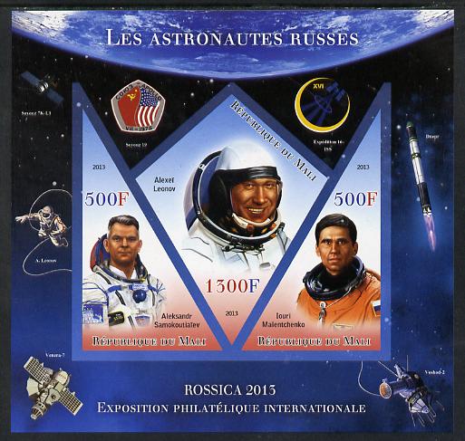 Mali 2013 Rossica Stamp Exhibition - Russian Astronauts #33 imperf sheetlet containing 3 values (2 triangulars & one diamond shaped) unmounted mint, stamps on , stamps on  stamps on stamp exhibitions, stamps on  stamps on space, stamps on  stamps on shaped, stamps on  stamps on triangulars, stamps on  stamps on diamond, stamps on  stamps on 