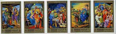 Sharjah 1970 Life of Christ #1 two imperf strips of 5 (Mi 737-46B) , stamps on , stamps on  stamps on religion