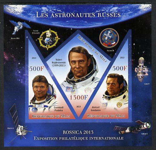 Mali 2013 Rossica Stamp Exhibition - Russian Astronauts #37 imperf sheetlet containing 3 values (2 triangulars & one diamond shaped) unmounted mint, stamps on , stamps on  stamps on stamp exhibitions, stamps on  stamps on space, stamps on  stamps on shaped, stamps on  stamps on triangulars, stamps on  stamps on diamond, stamps on  stamps on 