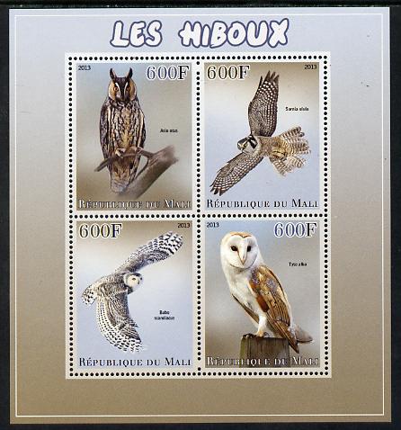 Mali 2013 Owls perf sheetlet containing 4 values unmounted mint, stamps on , stamps on  stamps on owls, stamps on  stamps on birds.birds of prey