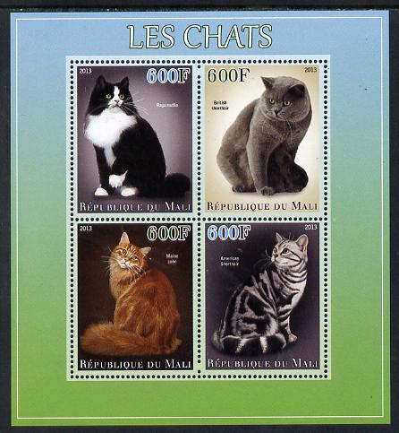 Mali 2013 Domestic Cats perf sheetlet containing 4 values unmounted mint, stamps on cats