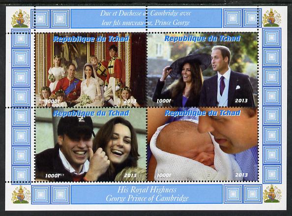 Chad 2013 The Royal Baby #1 perf sheetlet containing 4 values unmounted mint. Note this item is privately produced and is offered purely on its thematic appeal. . , stamps on , stamps on  stamps on royalty, stamps on  stamps on george, stamps on  stamps on william, stamps on  stamps on kate, stamps on  stamps on 