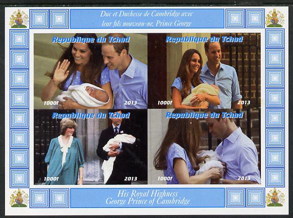Chad 2013 The Royal Baby #2 imperf sheetlet containing 4 values unmounted mint. Note this item is privately produced and is offered purely on its thematic appeal. . , stamps on royalty, stamps on george, stamps on william, stamps on kate, stamps on diana, stamps on charles
