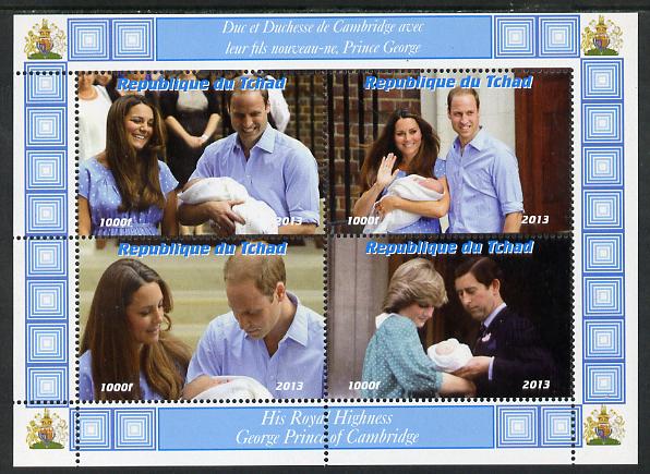 Chad 2013 The Royal Baby #4 perf sheetlet containing 4 values unmounted mint. Note this item is privately produced and is offered purely on its thematic appeal. . , stamps on , stamps on  stamps on royalty, stamps on  stamps on george, stamps on  stamps on william, stamps on  stamps on kate, stamps on  stamps on diana, stamps on  stamps on charles