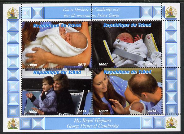 Chad 2013 The Royal Baby #5 perf sheetlet containing 4 values unmounted mint. Note this item is privately produced and is offered purely on its thematic appeal. . , stamps on royalty, stamps on george, stamps on william, stamps on kate, stamps on diana, stamps on charles