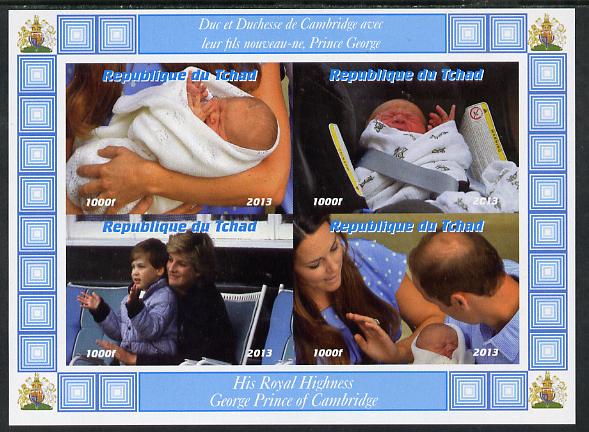 Chad 2013 The Royal Baby #5 imperf sheetlet containing 4 values unmounted mint. Note this item is privately produced and is offered purely on its thematic appeal. . , stamps on royalty, stamps on george, stamps on william, stamps on kate, stamps on diana, stamps on charles