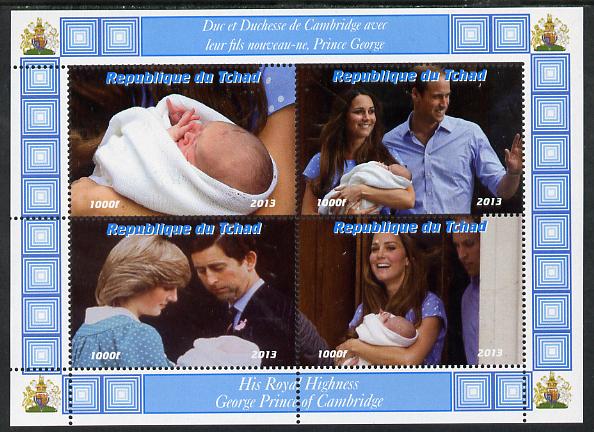 Chad 2013 The Royal Baby #6 perf sheetlet containing 4 values unmounted mint. Note this item is privately produced and is offered purely on its thematic appeal. . , stamps on , stamps on  stamps on royalty, stamps on  stamps on george, stamps on  stamps on william, stamps on  stamps on kate, stamps on  stamps on diana, stamps on  stamps on charles