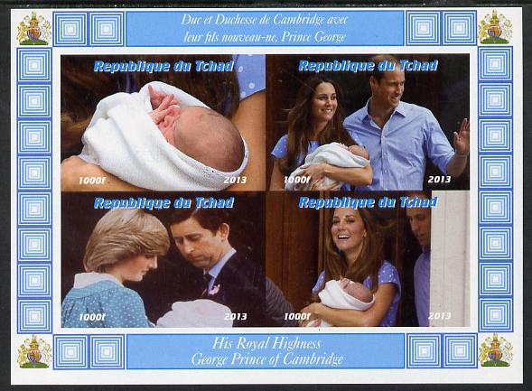 Chad 2013 The Royal Baby #6 imperf sheetlet containing 4 values unmounted mint. Note this item is privately produced and is offered purely on its thematic appeal. . , stamps on royalty, stamps on george, stamps on william, stamps on kate, stamps on diana, stamps on charles
