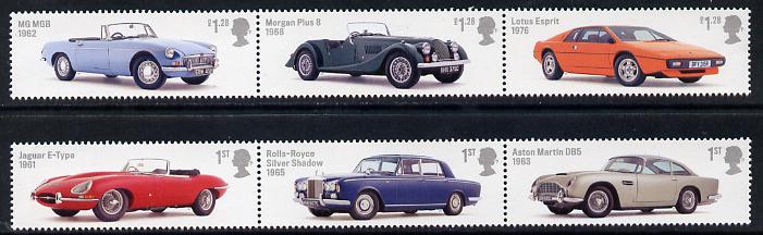 Great Britain 2013 British Auto Legends set of 6 (2 strips of 3) unmounted mint, stamps on , stamps on  stamps on cars, stamps on  stamps on morgan, stamps on  stamps on  mg , stamps on  stamps on lotus, stamps on  stamps on aston martin, stamps on  stamps on rolls royce, stamps on  stamps on jaguar