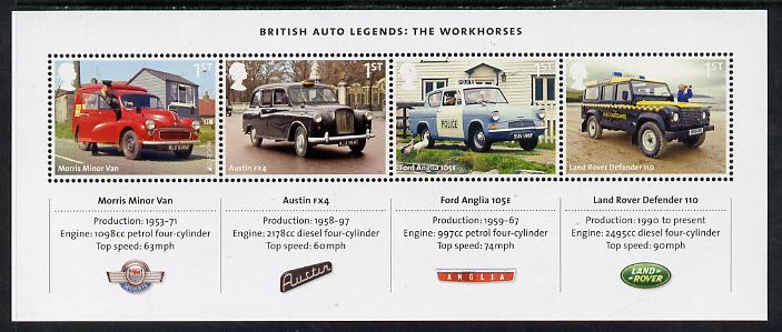 Great Britain 2013 British Auto Legends perf m/sheet unmounted mint, stamps on , stamps on  stamps on cars, stamps on  stamps on morris, stamps on  stamps on taxi, stamps on  stamps on ford, stamps on  stamps on police, stamps on  stamps on land rover, stamps on  stamps on 